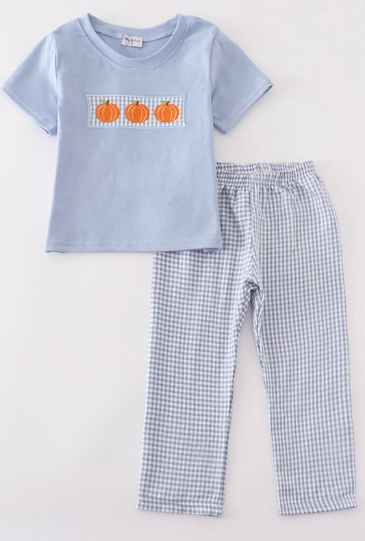 Blue Gingham Boy Pumpkin Set