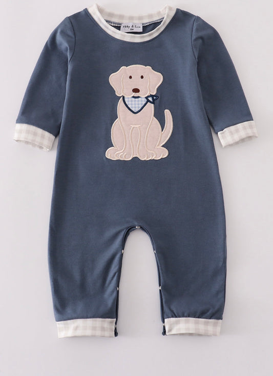 Navy Puppy Appliqué Romper