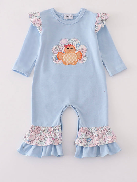Blue Turkey Appliqué Ruffle Romper