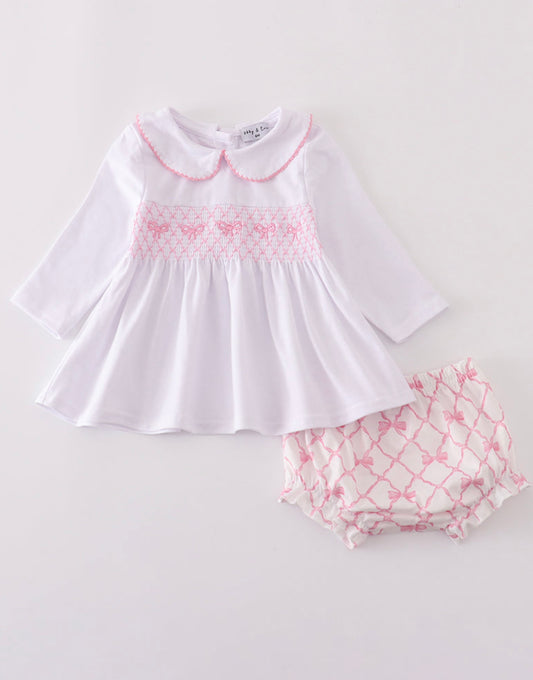 Pink bow smocked bloomer set