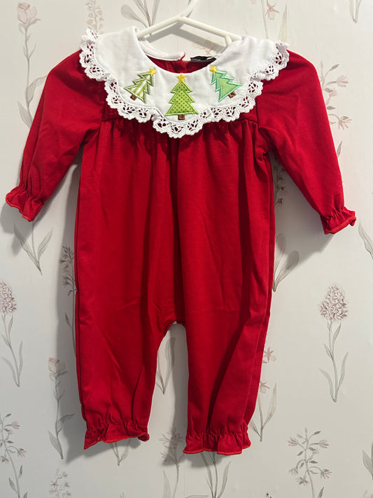 Red Christmas Tree EmbroideredRuffle Romper