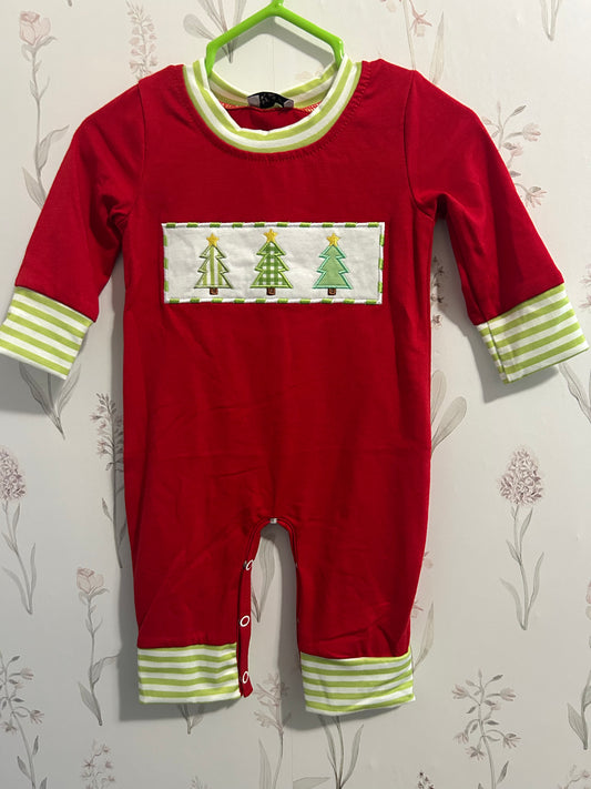 Red christmas tree embroidered boy romper