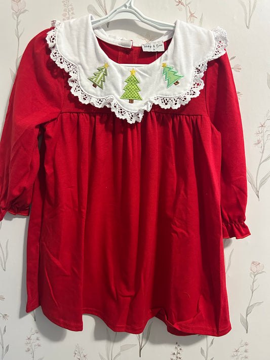 Red Christmas tree embroidered ruffle dress